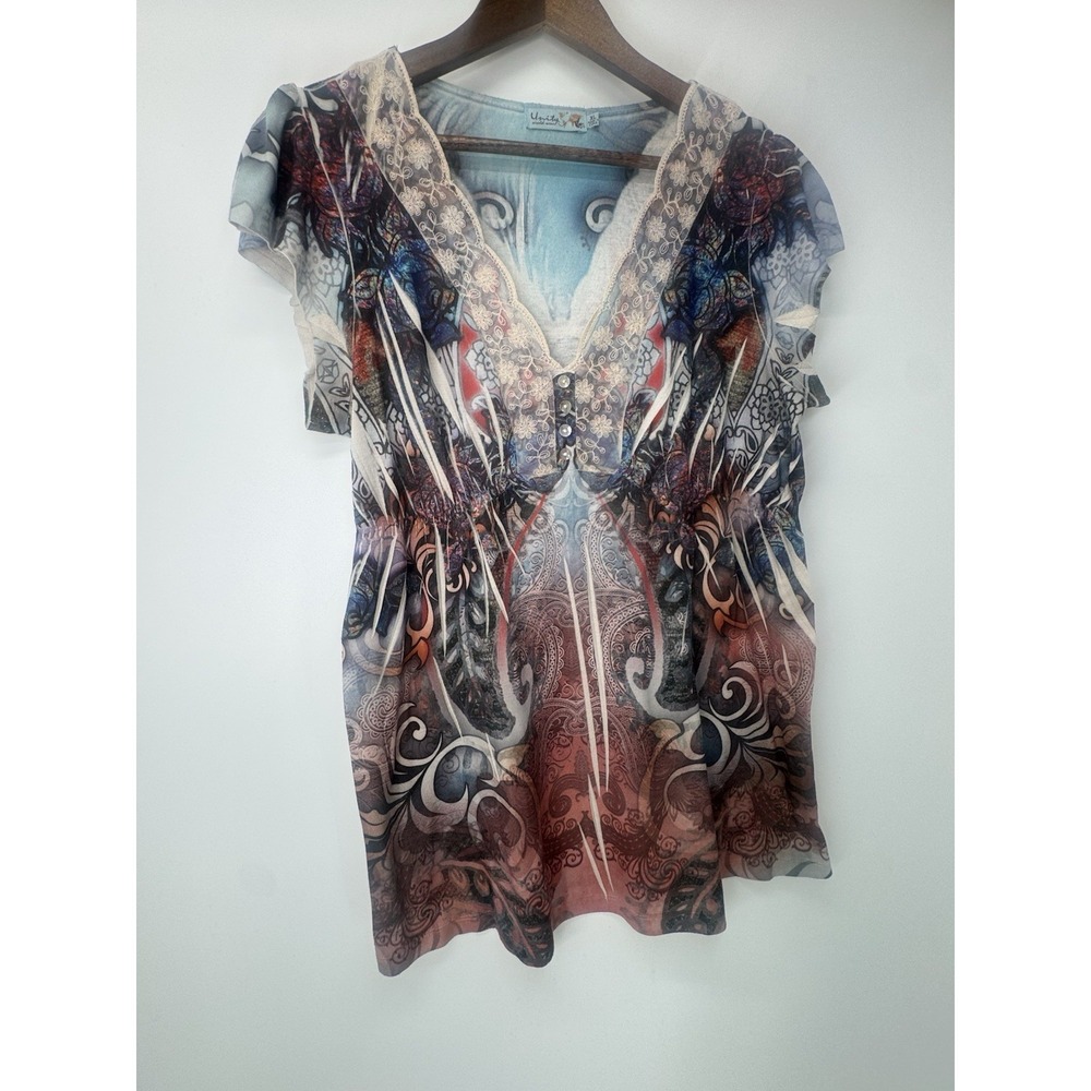 Unity World Wear Y2K Top‎ Fitted Dyed Print Ruffle Cap Sleeve XL Festival Lace